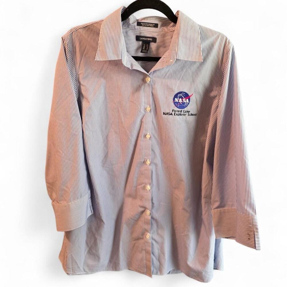 Lands' End Striped Shirt Blue White Button Up NASA Logo Size 18W